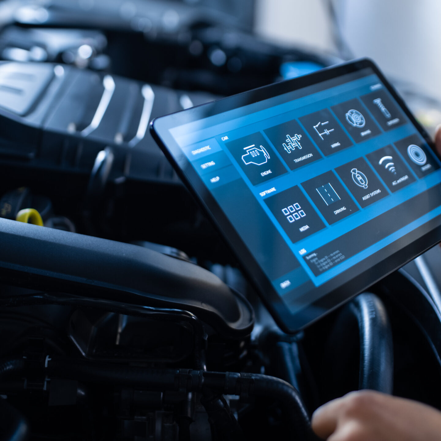Car Service Manager or Mechanic Uses a Tablet Computer with a Futuristic Interactive Diagnostics Software. Specialist Inspecting the Vehicle in Order to Find Broken Components In the Engine Bay.