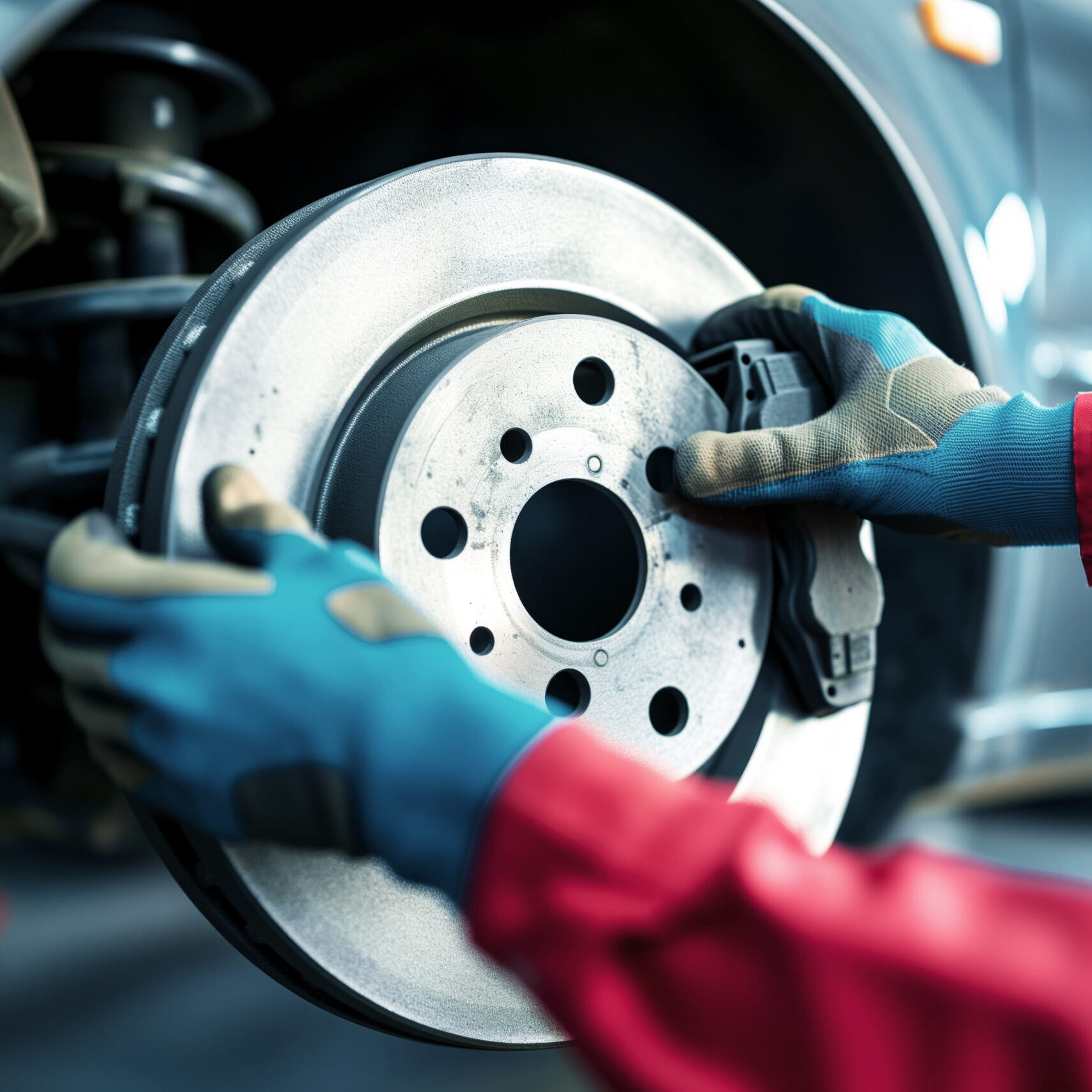 mechanic replacing brake pads on a vehicle, created with generative ai