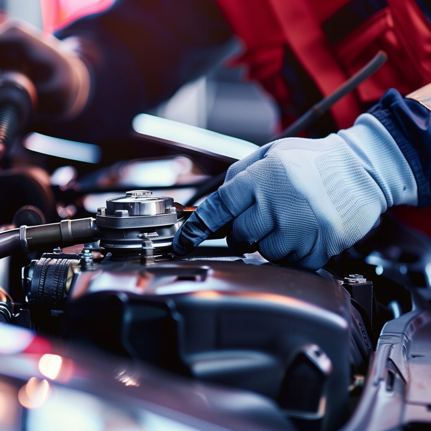 Close-up of a professional car mechanic wearing gloves, working under the hood of a vehicle in an auto repair shop.
