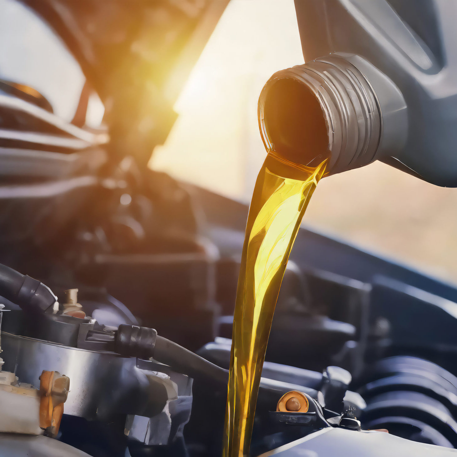 Refueling and pouring oil quality into the engine motor car Transmission and Maintenance Gear .Energy fuel concept